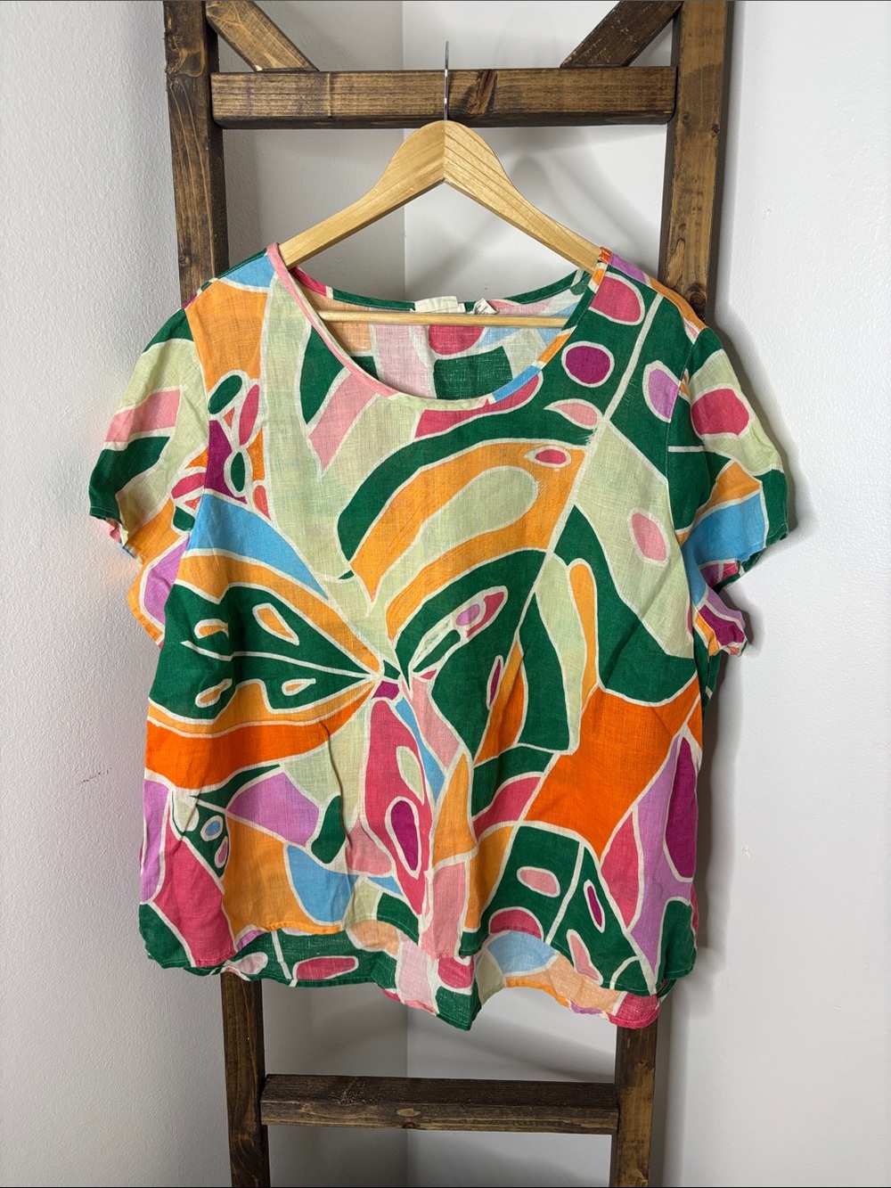Christian Siriano Multicolor Abstract Linen Short Sleeve Top Size 2X